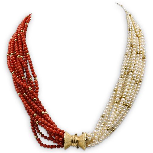14K GOLD CORAL AND BEADED PEARL 390e90