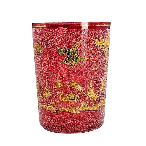 RED GLASS CUP/VOTIVE HOLDER, BIRDS AND