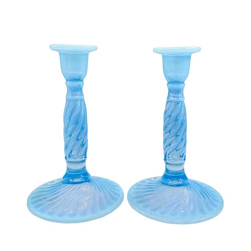 PAIR OF BLUE OPALINE GLASS CANDLESTICKSElegant 390f71