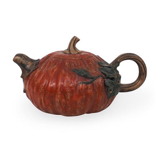 CHINESE STONEWARE PUMPKIN TEAPOTDESCRIPTION  3910f7