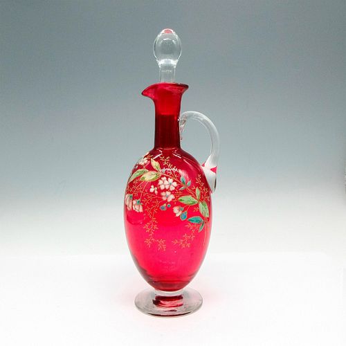 CRANBERRY ENAMELED GLASS DECANTER WITH
