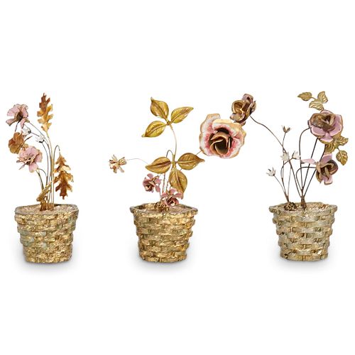 (3 PC) FRENCH TOLE GILT METAL FLORAL