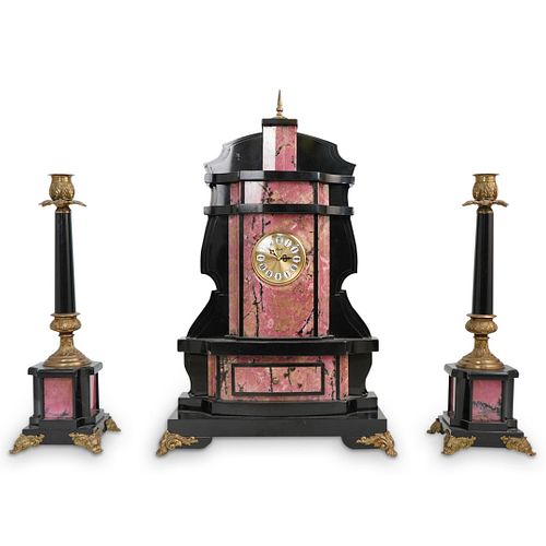 ARAM MARBLE AND STONE CLOCK GARNITURE