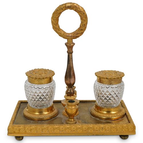 ANTIQUE GILT BRONZE AND GLASS INKWELLDESCRIPTION: