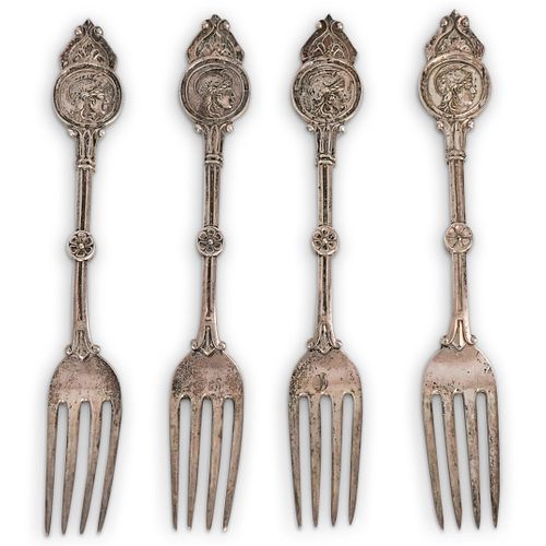 (4PC) FIGURAL COIN SILVER FORK