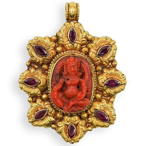 22K GOLD, CORAL AND RUBY PENDANTDESCRIPTION: