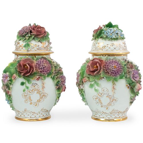 PAIR OF FLORAL ENCRUSTED PORCELAIN