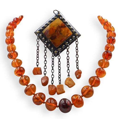  2 PC AMBER NECKLACE AND BROOCHDESCRIPTION  392309