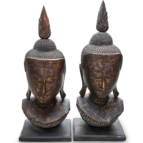 PAIR OF THAI GILT WOOD BUDDHA HEAD 3927c0