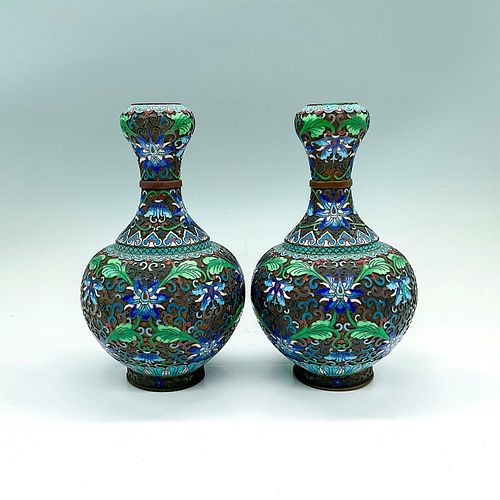 PAIR OF CHINESE BRASS ENAMEL VASETwo