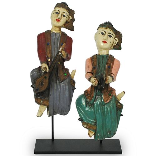  2 PC BURMESE WOOD CARVED MUSICIAN 392829