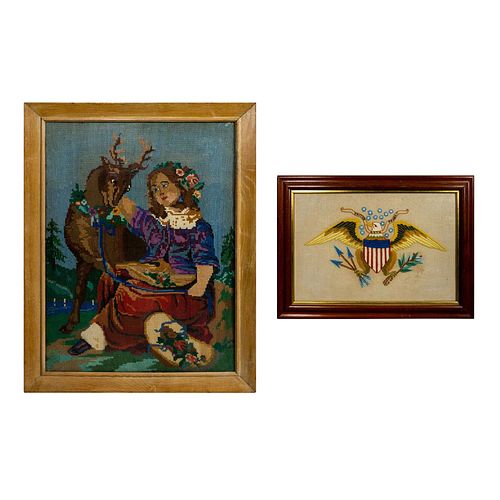 2PC VINTAGE AMERICANA FRAMED NEEDLEWORKSHoused 392924