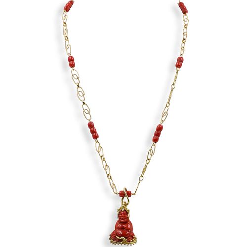 18K GOLD AND CORAL BUDDHA CHAIN 39297e