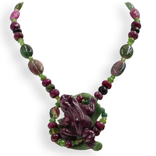 CARVED FIGURAL RUBY BEADED NECKLACEDESCRIPTION  39298c