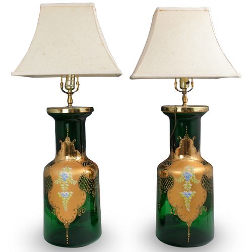  2 PC GREEN BOHEMIAN GLASS LAMPSDESCRIPTION 2 3929ae