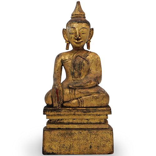 GILDED CARVED WOOD BUDDHA STATUETTEDESCRIPTION: