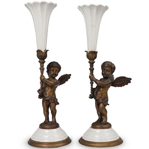 PAIR OF PORCELAIN AND BRONZE CHERUB 392d87