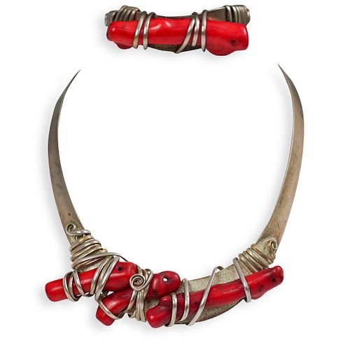 (2 PC) SILVER AND CORAL NECKLACE