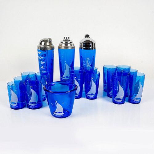 20PC HAZEL ATLAS COBALT BLUE SAILBOAT 392edf