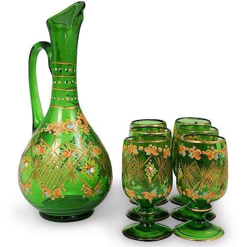 (7 PC) HAND PAINTED GREEN GLASS