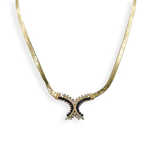 14K GOLD SAPPHIRE AND DIAMOND NECKLACEDESCRIPTION:14K