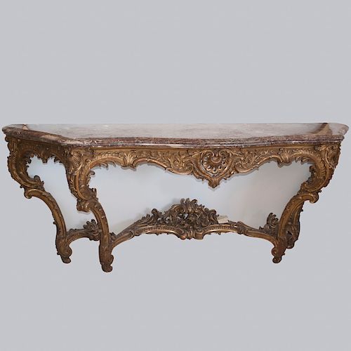 GILDED WOOD & MARBLE CONSOLE TABLEDESCRIPTION:Large