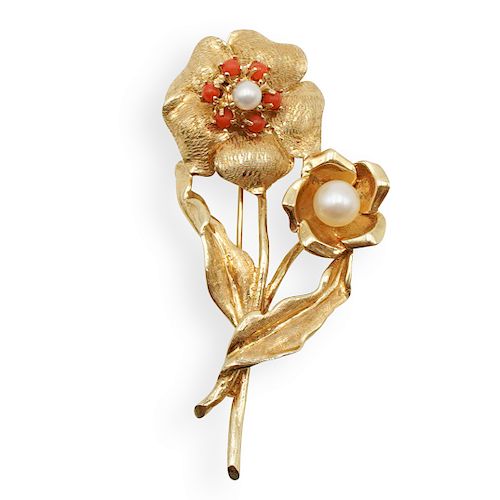 14K GOLD, PEARL AND CORAL BROOCHDESCRIPTION: