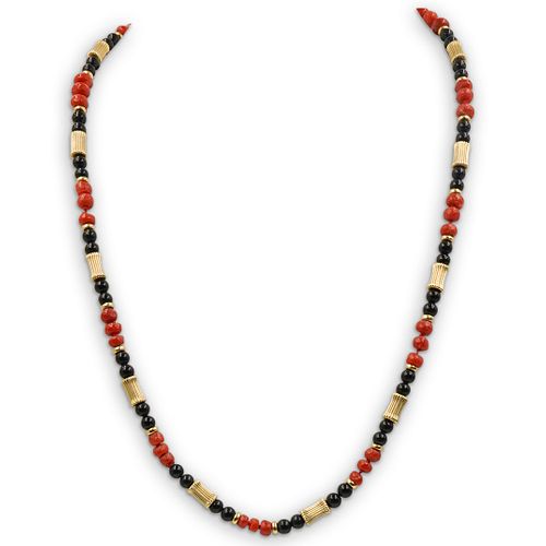 CHINESE BEADED CORAL, ONYX AND