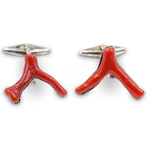 STERLING AND CORAL INLAID CUFFLINKSDESCRIPTION  391350