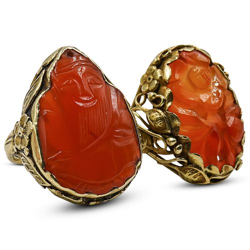  2 PC 14K GOLD AND CARVED AGATE 3913ee