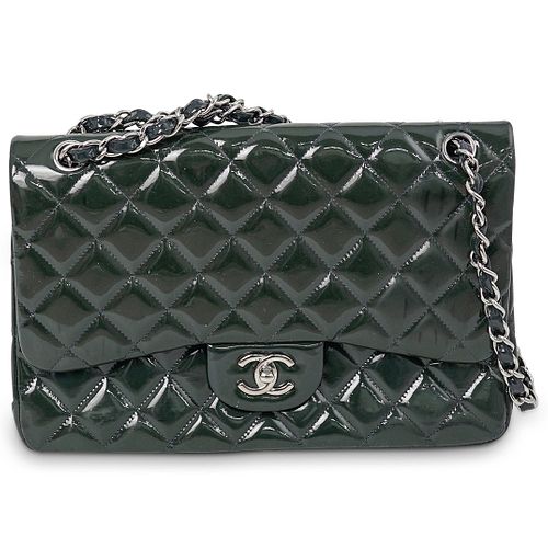 CHANEL DOUBLE FLAP DARK GREEN PATENT