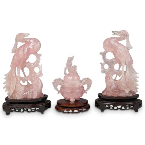  3 PC CHINESE CARVED ROSE QUARTZ 3915e9