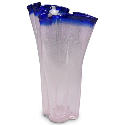 MURANO BLUE RIM GLASS VASEDESCRIPTION: