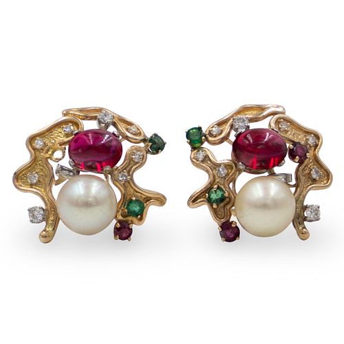 14K GOLD, PEARL AND RUBY EARRINGSDESCRIPTION: