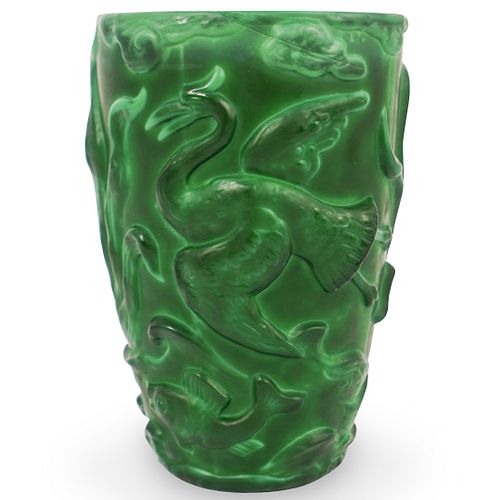 LALIQUE STYLE MALACHITE GLASS VASEDESCRIPTION: