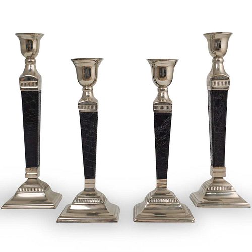 (4 PC) NICKEL & LEATHER CANDLESTICK