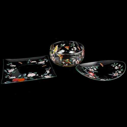  3 PC FRENCH FLORAL PAINTED GLASS 3919cf