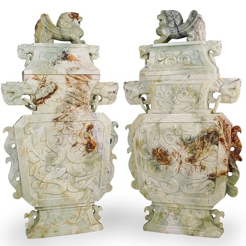 PAIR OF LARGE CHINESE JADE FOO DOG URNSDESCRIPTION: