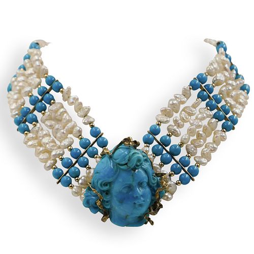 14K GOLD AND TURQUOISE BEADED NECKLACEDESCRIPTION: