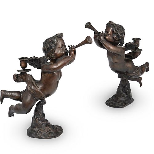 PAIR OF BRONZE CHERUB CANDLE HOLDERSDESCRIPTION  391a5c