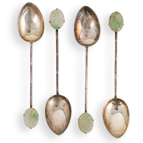 (4 PC) CHINESE SILVER & JADE SPOONSDESCRIPTION: