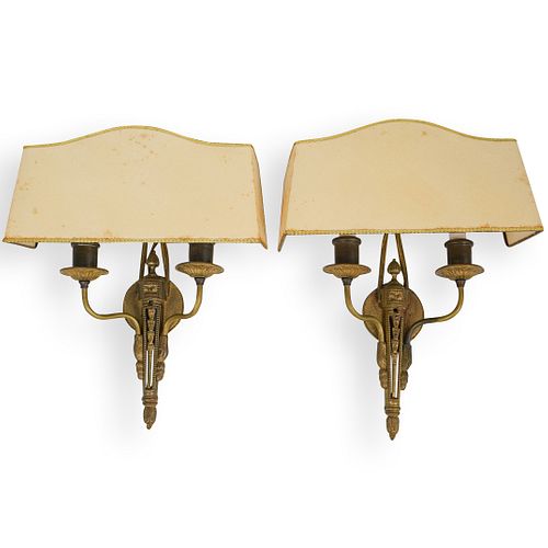 PAIR OF BRONZE TWO LIGHT WALL SCONCESDESCRIPTION: