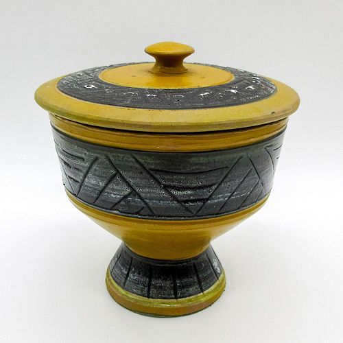 VINTAGE CERAMIC FOOTED JAR WITH COVERMustard-yellow