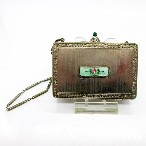 ANTIQUE COMPACT MAKEUP CASE WITH CHAINHinged