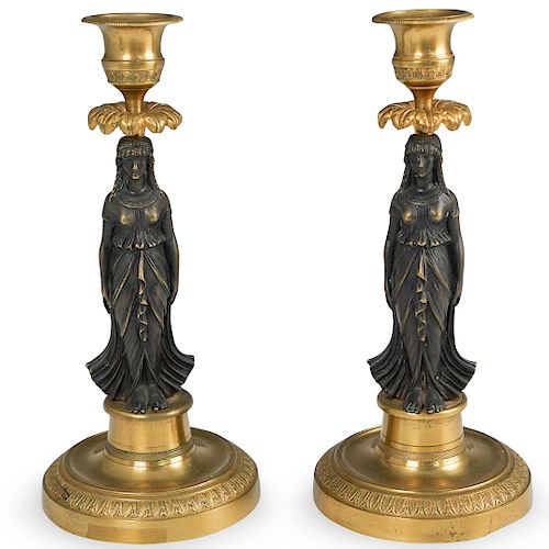 PAIR OF BRONZE FIGURAL CANDLE HOLDERSDESCRIPTION: