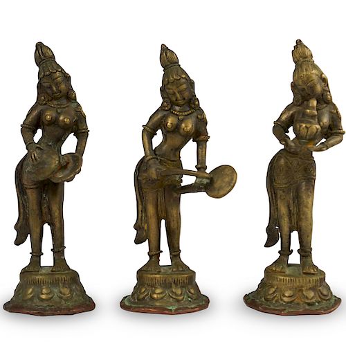 THREE ANTIQUE THAI BRONZE DANCERSDESCRIPTION: