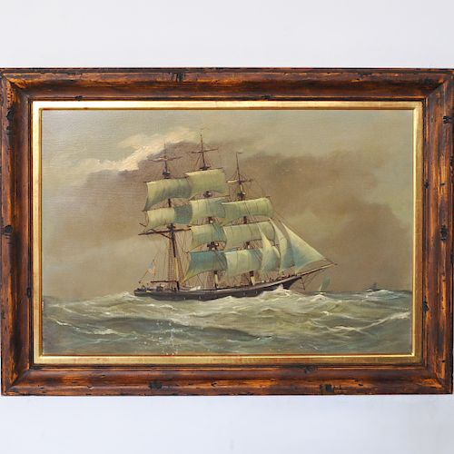 UNSIGNED OIL ON CANVAS SHIP PAINTINGDESCRIPTION: