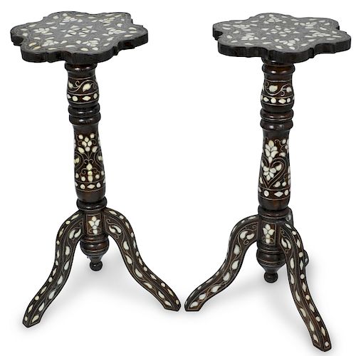PAIR OF WOOD AND PEARL INLAID STANDSDESCRIPTION  393b57