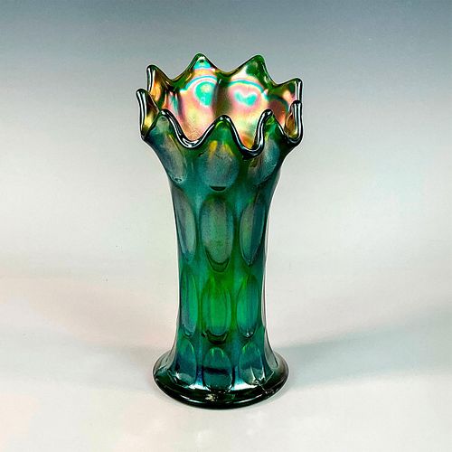 VINTAGE GREEN CARNIVAL GLASS VASEA 393c11