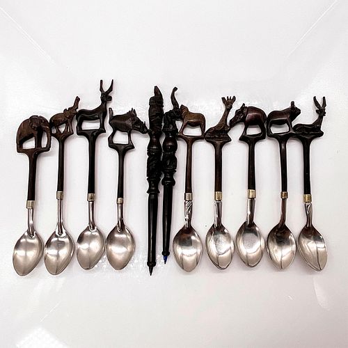 11PC AFRICAN HARDWOOD CARVED SILVER 393d26